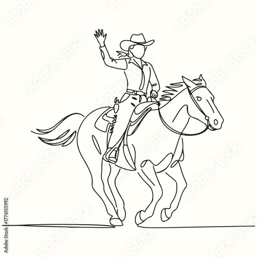 A continuous one-line drawing of a cowgirl wearing a hat, riding a horse, and waving her hand in a minimalist rodeo style