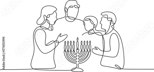 Hanukkah menorah family celebration jewish holiday line art continuous drawing