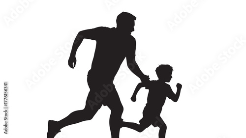 Silhouette of a father and son running together illustration for family activities isolated on white background