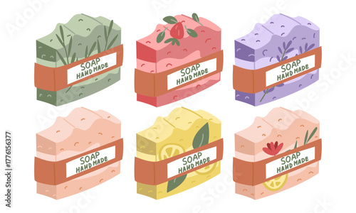 set of colorful handmade soap bars in a package. variety of scents flowers, leaves, and berries. vector flat illustration. Perfect for cosmetics, spa, wellness, packaging design, or presenting