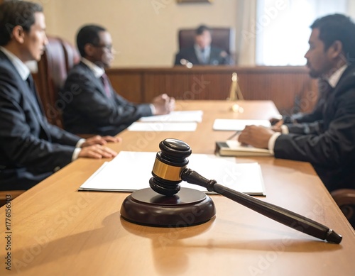 Legal proceedings captured in a courtroom with a gavel prominent