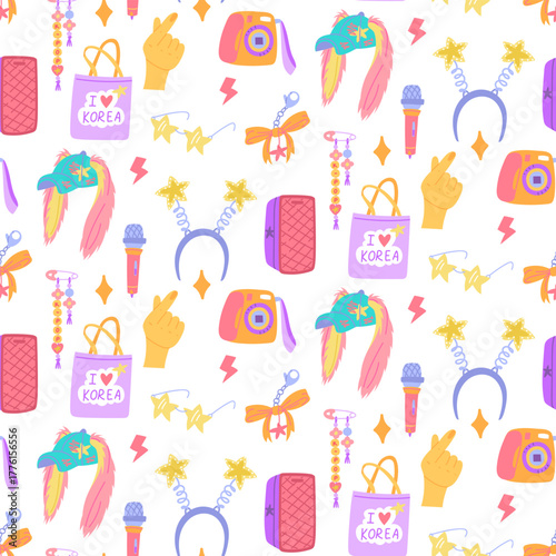 Seamless pattern with k-pop items. Column, souvenirs, keychain, hairpin, heart, camera, glasses. Korean music industry. Colorful flat texture for children's products, textiles, packaging, design.