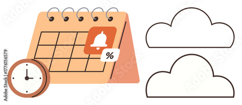 Calendar marked with alert icon, a clock, and cloud symbols. Ideal for time management, organization, deadlines, reminders, cloud backup planning and productivity. Clean simple flat metaphor