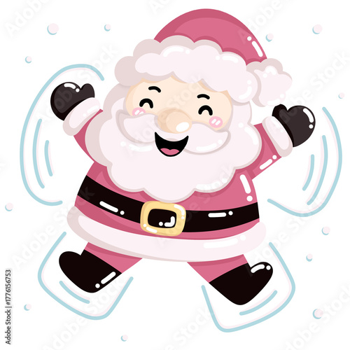 Kawaii Santa Claus character joyfully dancing in snow, spreading festive cheer and happiness