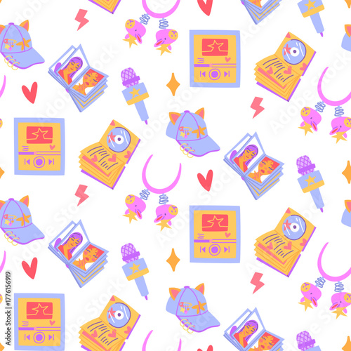 Seamless pattern with K-pop items. Cat ears cap, CD album, photo album, bezel, microphone, play sheet. Korea's music industry. Colorful flat texture for souvenirs, backgrounds, textiles, and designs.