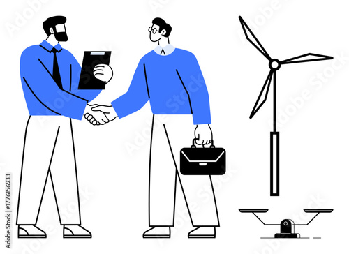 Two professionals shake hands, one holding a document and the other carrying a briefcase. A wind turbine symbolizes renewable energy. Ideal for teamwork, sustainability, partnerships, green energy