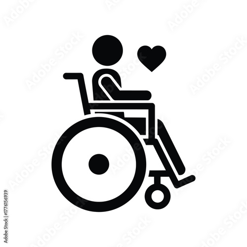 Wheelchair User with Heart Icon: Disability Care, Support, and Inclusivity Symbol for Accessibility and Medical Assistance