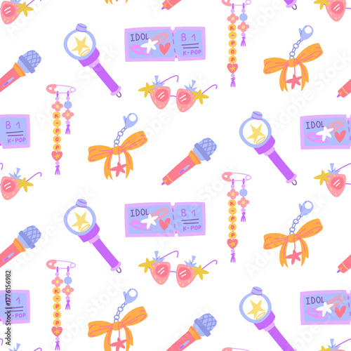 Seamless pattern with K-pop items. Light stick, concert ticket, keychain, glasses, microphone. Korean music industry. Colorful flat texture for souvenirs, backgrounds, textiles, packaging, and design.