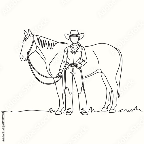 A single continuous line drawing of a western cowgirl standing with her loyal horse, a minimalist illustration of ranch life