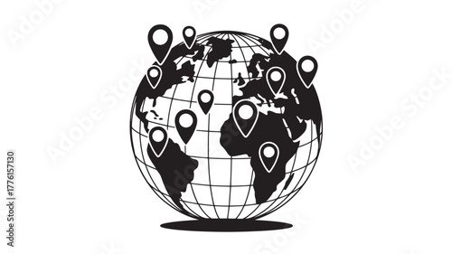 World globe with location pin icons simple illustration for travel and navigation apps isolated on white background
