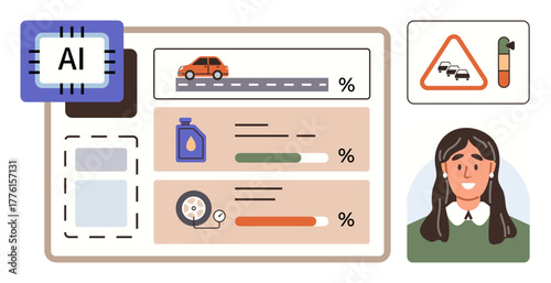 AI chip processing car diagnostics. Vehicle performance, fuel, and tire efficiency insights. Safety status, driver profile panel. Ideal for AI, automotive technology, diagnostics efficiency safety