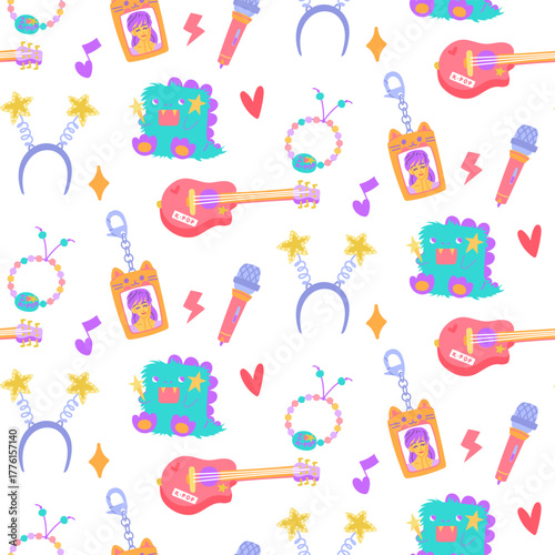 Seamless pattern with K-pop items. Guitar, soft toy, bracelet, headband, keychain, microphone. Korea's music industry. Colorful flat texture for souvenirs, backgrounds, textiles, packaging, and design