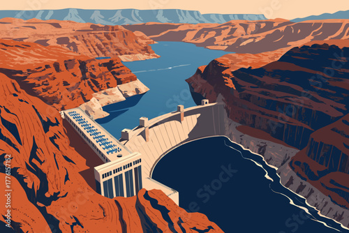 Overhead view of a dam's contour within canyon walls.