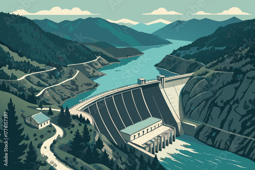 Aerial view of a dam in a mountain valley.