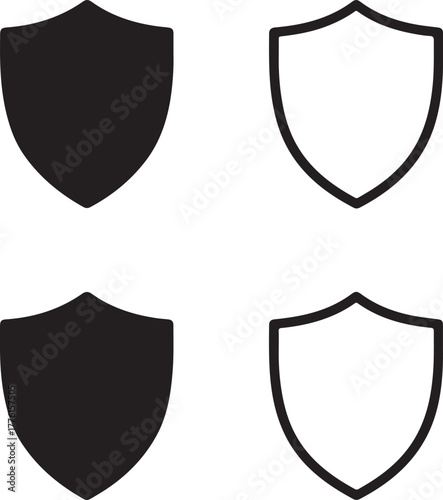 Isolated shield icon set, protection security safety shield symbols, editable black vector, solid black line outline filled minimal thin stroke, secure defense shield icons for safety buyers