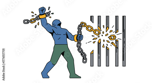 Powerful Figure Breaking Chains and Prison Bars, Symbolizing Liberation, Strength, and Overcoming Obstacles