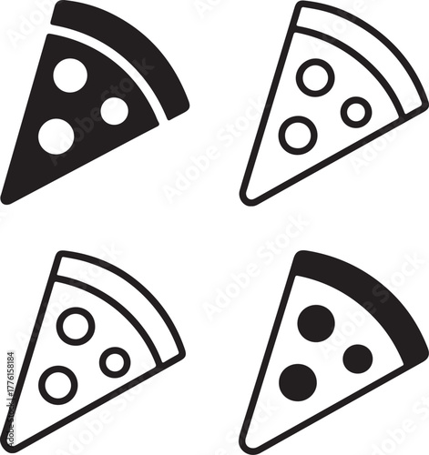 Isolated pizza icon set, fast food meal pizza symbols, editable black vector, solid black line outline filled minimal thin stroke, restaurant menu pizza icons for food buyers