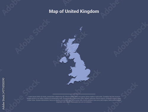 Map of United Kingdom, minimalistic silhouette in soft blue on dark background