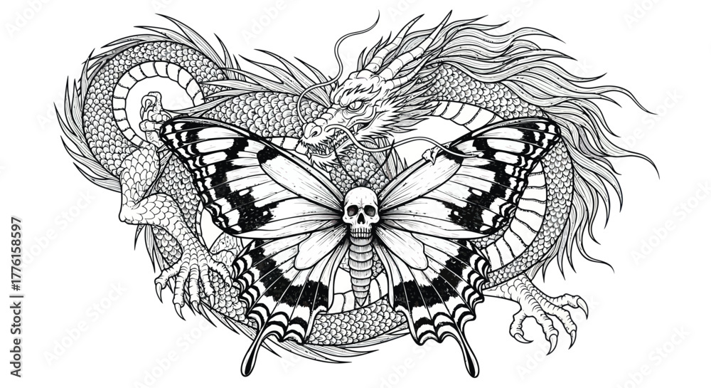 Obraz premium Intricate dragon and skull butterfly artwork for tattoo design inspiration or edgy graphic projects