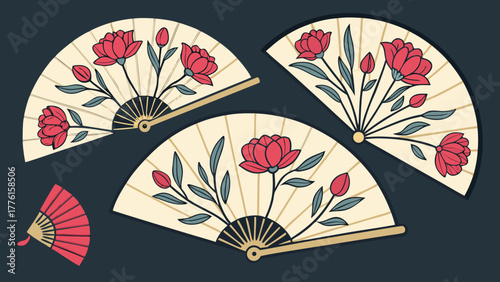 Elegant floral fans evoke serene beauty and timeless Asian artistry perfect for cultural designs and sophisticated decor projects