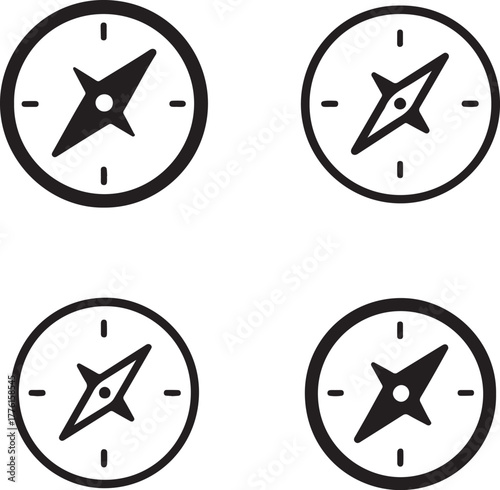 Isolated compass icon set, direction navigation compass symbols, editable black vector, solid black line outline filled minimal thin stroke, travel map compass icons for buyers and explorers