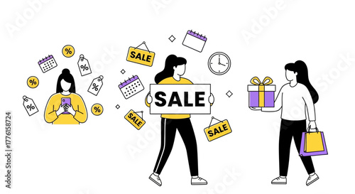 Online shopping and sale event promotion with women enjoying discounts