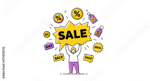 Illustration of a person holding a large 'SALE' sign with surrounding discount