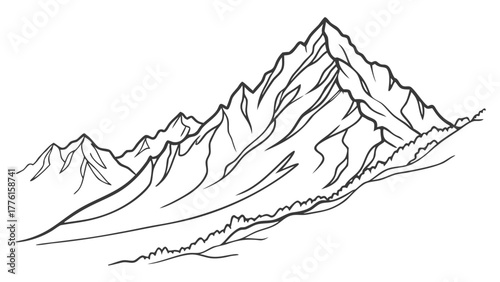 Majestic mountain range with sharp peaks and rugged slopes, evoking adventure and exploration in a stark, graphic style perfect for nature themes.