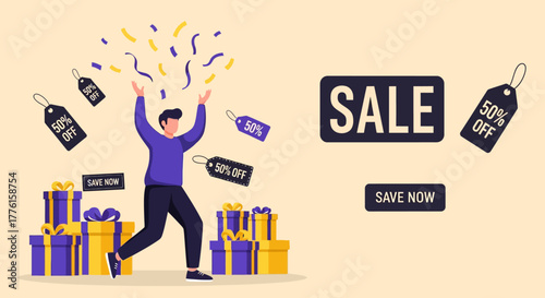 Excited shopper celebrates big sale with confetti and gift boxes