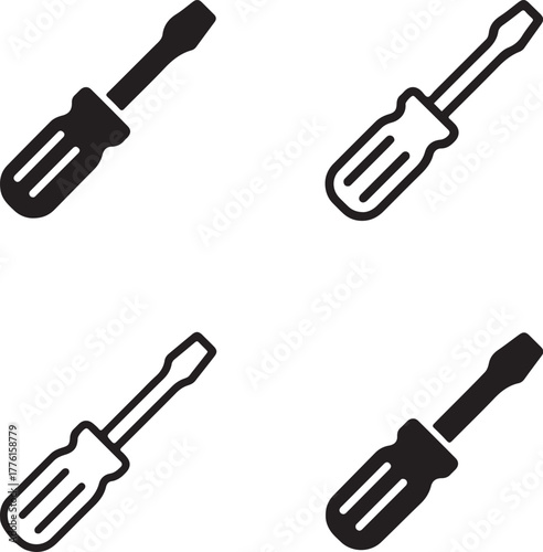 Isolated screwdriver icon set, repair tool hardware screwdriver symbols, editable black vector, solid black line outline filled minimal thin stroke, maintenance service screwdriver icons buyers