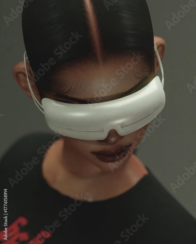 Cyberpunk female character in sleek black techwear and futuristic visor, digital 3D illustration