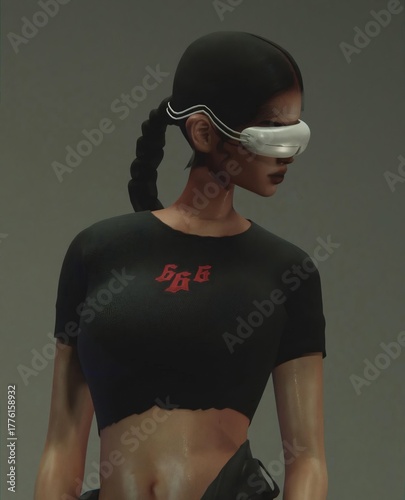 Futuristic woman wearing sleek VR visor and black techwear crop top in minimal lighting (3D Render)