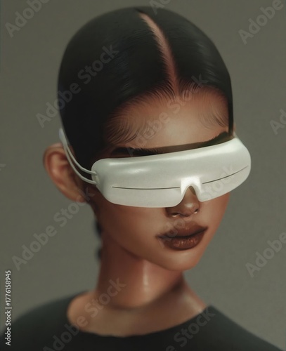Futuristic woman wearing sleek VR visor and black techwear crop top in minimal lighting, 3D digital art