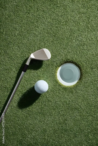 Overhead view of a golf club and ball positioned near a hole on a vibrant green golf course highlighting texture and clean composition