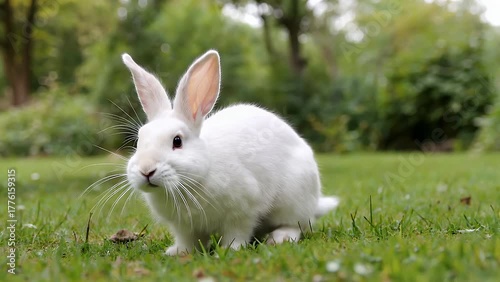 adorable cartoon Easter rabbit character featuring exceptionally large floppy ears  standing cheerfully in an outdoor natural environment surrounded by grass and