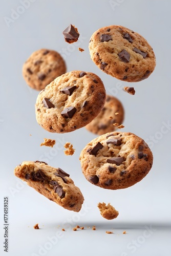 Multiple chocolate chip cookies and scattered crumbs captured in mid air against a soft light background