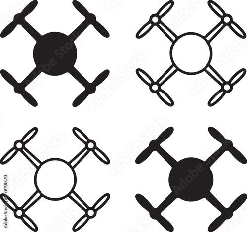 Isolated drone icon set, aerial photography delivery drone symbols, editable black vector, solid black line outline filled minimal thin stroke, flying camera drone icons for buyers and creators