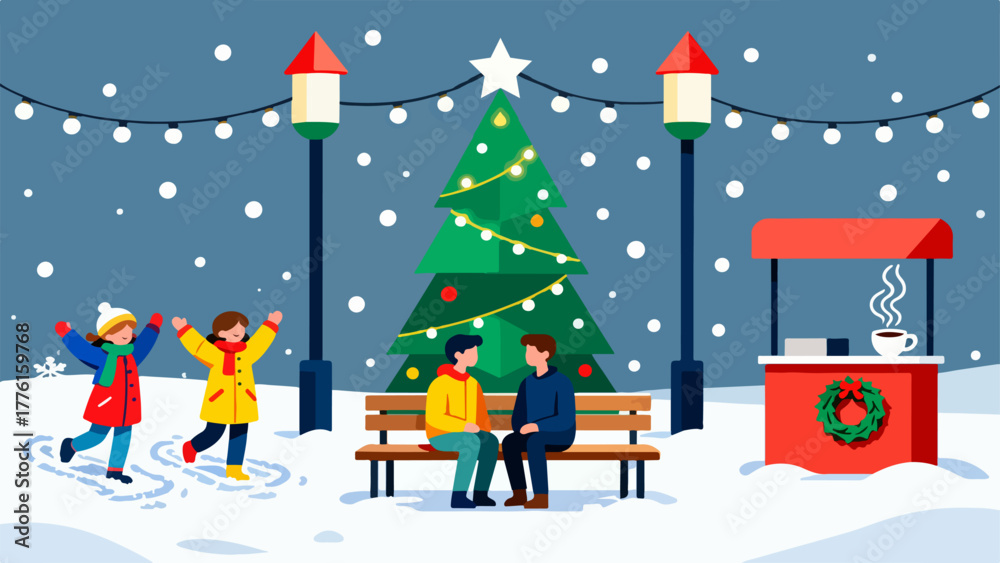 Fototapeta premium Twinkling Christmas Plaza — Kids at Play, Shining Tree & Cocoa Stand
