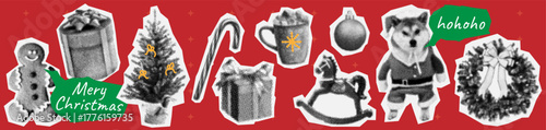 merry christmas halftone collage icon set. retro cut out paper elements in y2k aesthetic. christmas tree, santa, wreath, horse, gift box, candy sticker in vector dotted effect