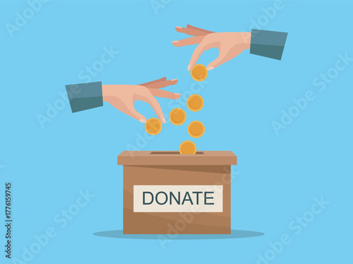 Hands depositing coins in a carton box with a text banner that reads " donate vector.
