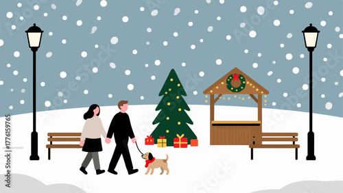 Snowy Christmas Promenade — Couple and Dog by Festive Market Hut
