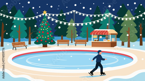 Garland Glow Christmas Rink — Solo Skater, Cocoa Booth & Snowy Pines