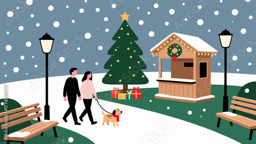 Christmas Stroll in Snowy Park — Couple with Dog by Festive Market Stall