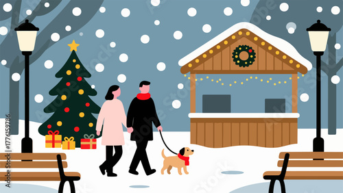Snowy Stroll at the Christmas Market — Couple with Dog by Festive Tree