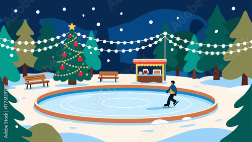Twinkle Night at the Christmas Rink — Skater, Cocoa Stand & Garland Lights