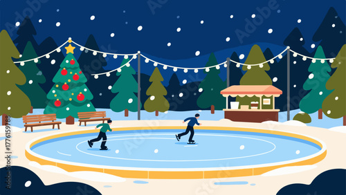 Snowfall at the Noel Rink — Christmas Tree, Fairylights & Cocoa Stall