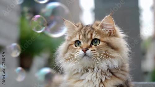 Feline Observing a Flurry of Translucent Soap