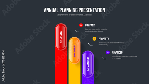 Investor Proposal Presentation Template Vector Illustration. Product Insight 3 Element Diagram Slideshow Layout. Company Portfolio Three Option Infographic Frame Design.
