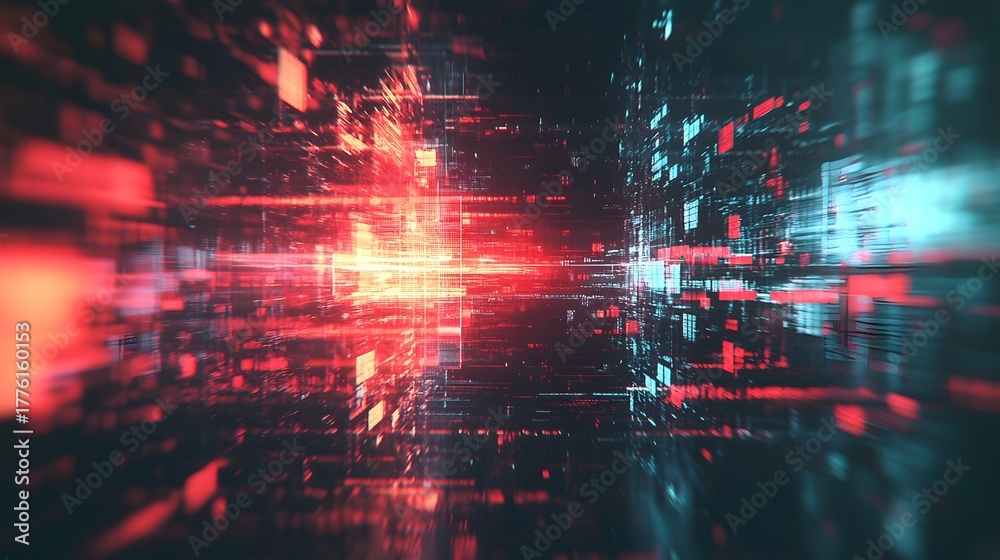 Obraz premium An abstract and futuristic digital depicting an explosive fractal burst of vibrant colorful glowing lights energy and data within a dynamic grid or network pattern