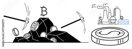 Pickaxes extracting Bitcoin coins from rocks, associated industrial factories symbolizing energy use. Ideal for cryptocurrency, digital economy, mining, sustainability, technology, industrial impact